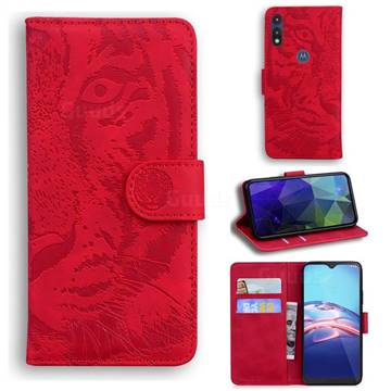 Intricate Embossing Tiger Face Leather Wallet Case for Motorola Moto E7(Moto E 2020) - Red