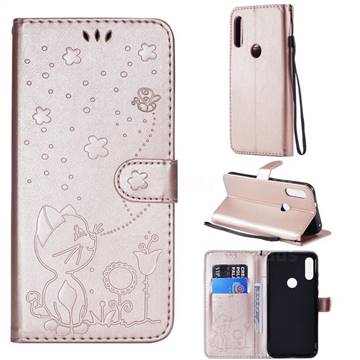 Embossing Bee and Cat Leather Wallet Case for Motorola Moto E7(Moto E 2020) - Rose Gold