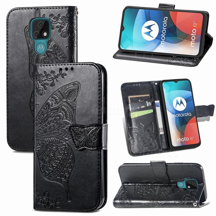 Embossing Mandala Flower Butterfly Leather Wallet Case for Motorola Moto E7 - Black