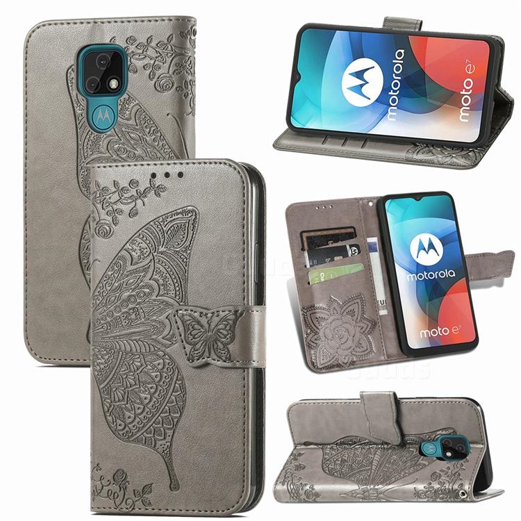 Embossing Mandala Flower Butterfly Leather Wallet Case for Motorola Moto E7 - Gray