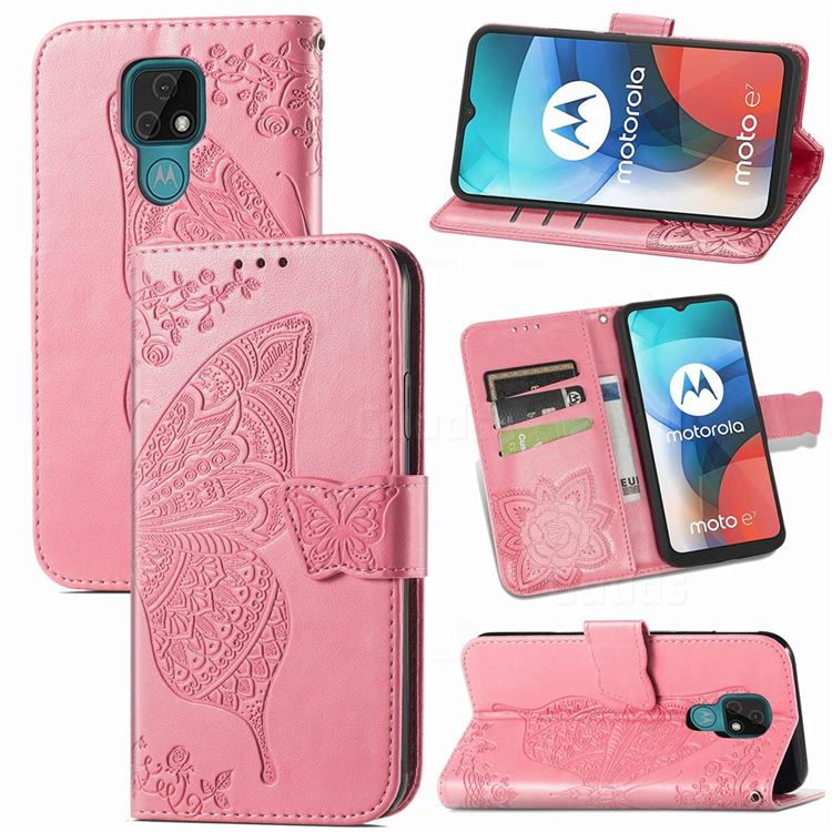 Embossing Mandala Flower Butterfly Leather Wallet Case for Motorola Moto E7 - Pink