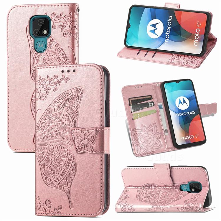 Embossing Mandala Flower Butterfly Leather Wallet Case for Motorola Moto E7 - Rose Gold