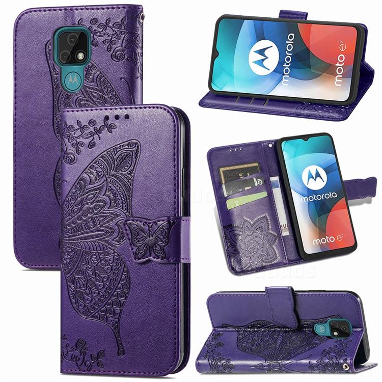 Embossing Mandala Flower Butterfly Leather Wallet Case for Motorola Moto E7 - Dark Purple