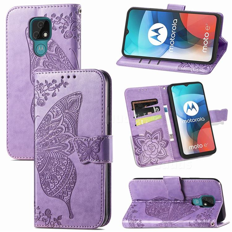 Embossing Mandala Flower Butterfly Leather Wallet Case for Motorola Moto E7 - Light Purple
