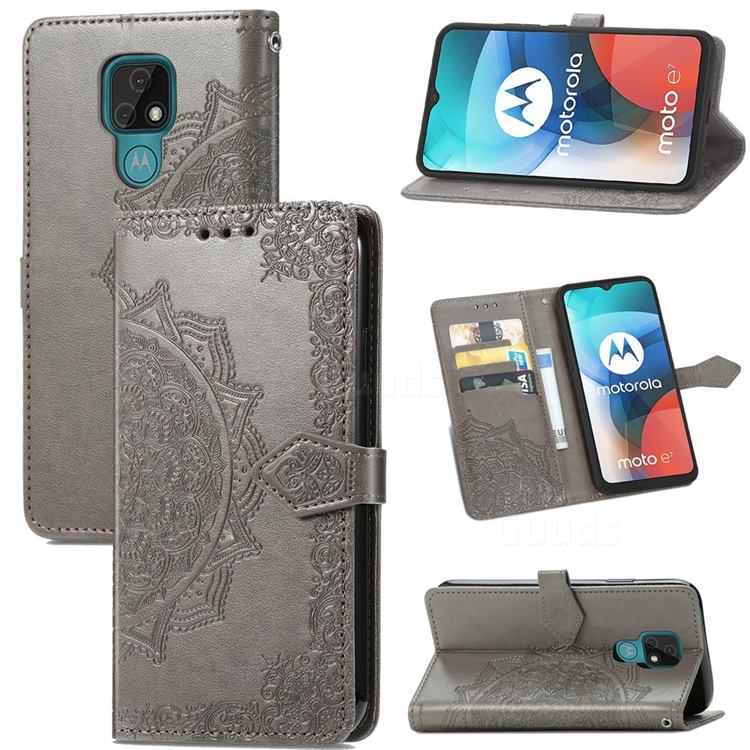 Embossing Imprint Mandala Flower Leather Wallet Case for Motorola Moto E7 - Gray