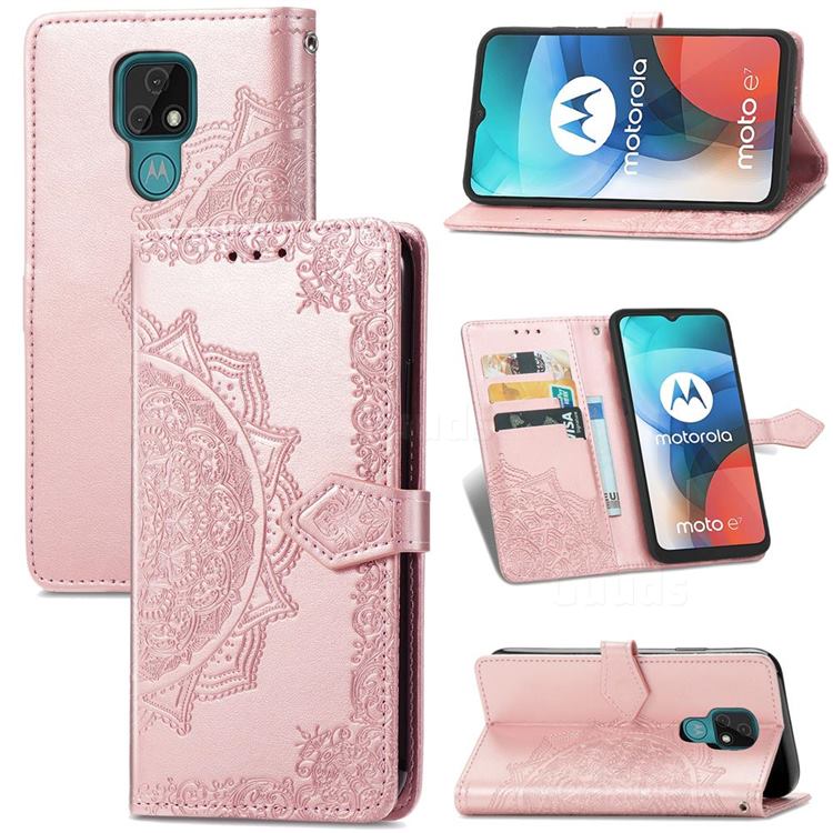 Embossing Imprint Mandala Flower Leather Wallet Case for Motorola Moto E7 - Rose Gold
