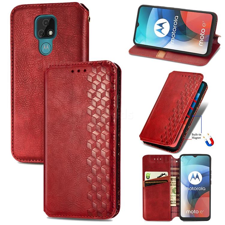 Ultra Slim Fashion Business Card Magnetic Automatic Suction Leather Flip Cover for Motorola Moto E7 - Red