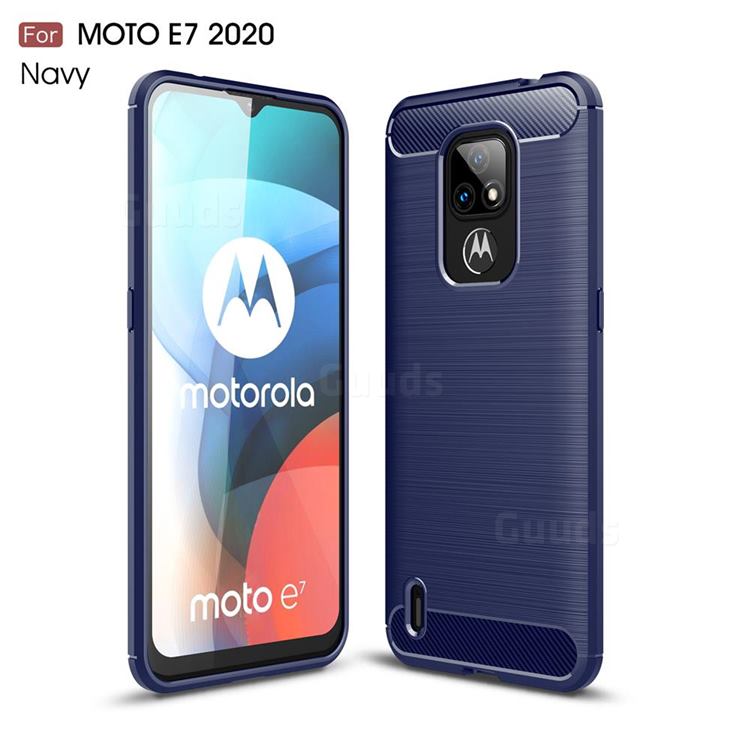 Luxury Carbon Fiber Brushed Wire Drawing Silicone TPU Back Cover for Motorola Moto E7 - Navy