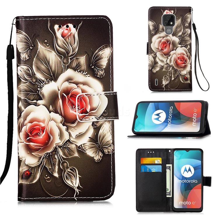 Black Rose Matte Leather Wallet Phone Case for Motorola Moto E7