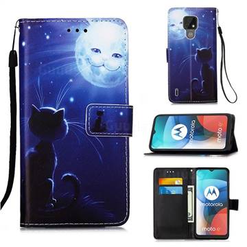 Cat and Moon Matte Leather Wallet Phone Case for Motorola Moto E7