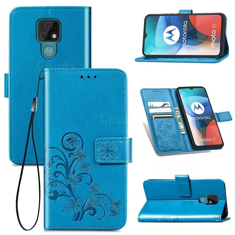 Embossing Imprint Four-Leaf Clover Leather Wallet Case for Motorola Moto E7 - Blue