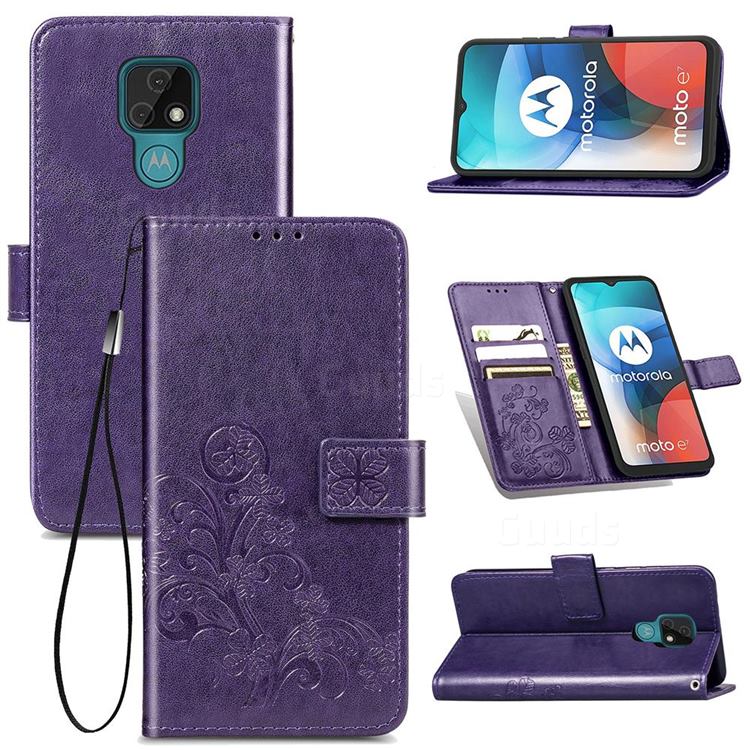 Embossing Imprint Four-Leaf Clover Leather Wallet Case for Motorola Moto E7 - Purple