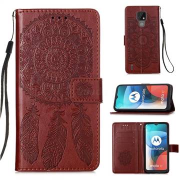 Embossing Dream Catcher Mandala Flower Leather Wallet Case for Motorola Moto E7 - Brown