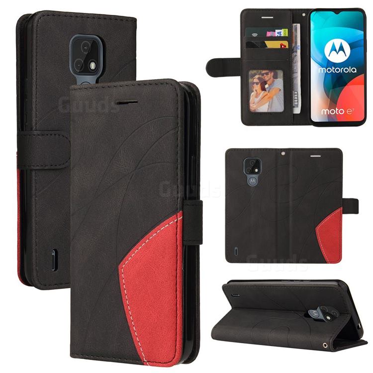 Luxury Two-color Stitching Leather Wallet Case Cover for Motorola Moto E7 - Black