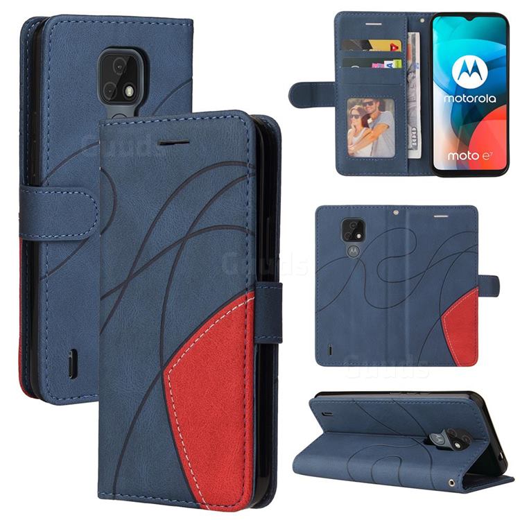Luxury Two-color Stitching Leather Wallet Case Cover for Motorola Moto E7 - Blue