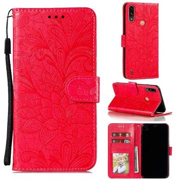 Intricate Embossing Lace Jasmine Flower Leather Wallet Case for Motorola Moto E7 Power - Red