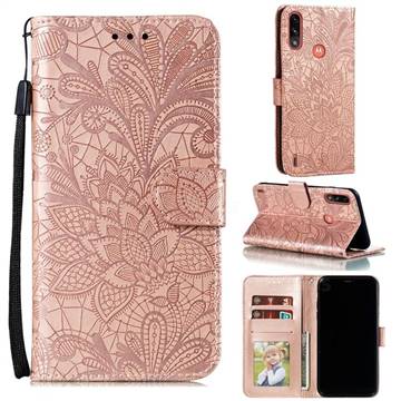 Intricate Embossing Lace Jasmine Flower Leather Wallet Case for Motorola Moto E7 Power - Rose Gold