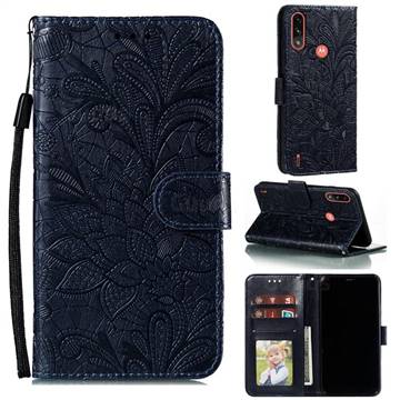 Intricate Embossing Lace Jasmine Flower Leather Wallet Case for Motorola Moto E7 Power - Dark Blue