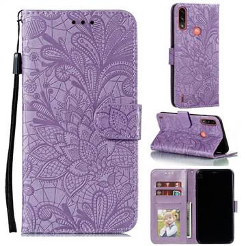 Intricate Embossing Lace Jasmine Flower Leather Wallet Case for Motorola Moto E7 Power - Purple