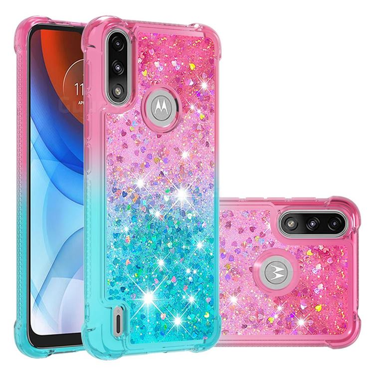 Rainbow Gradient Liquid Glitter Quicksand Sequins Phone Case for Motorola Moto E7 Power - Pink Blue