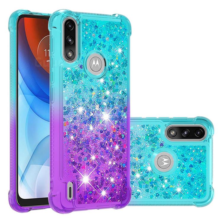 Rainbow Gradient Liquid Glitter Quicksand Sequins Phone Case for Motorola Moto E7 Power - Blue Purple