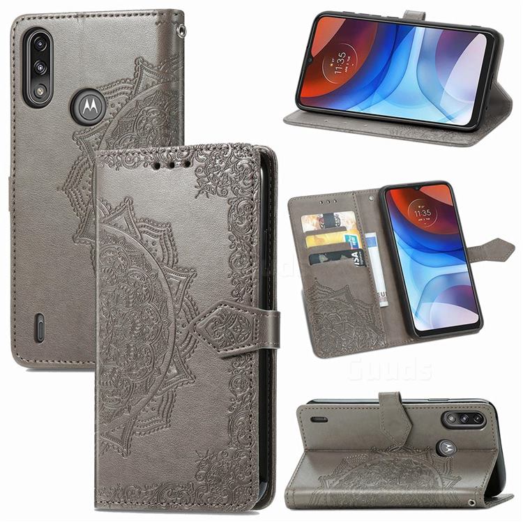 Embossing Imprint Mandala Flower Leather Wallet Case for Motorola Moto E7 Power - Gray