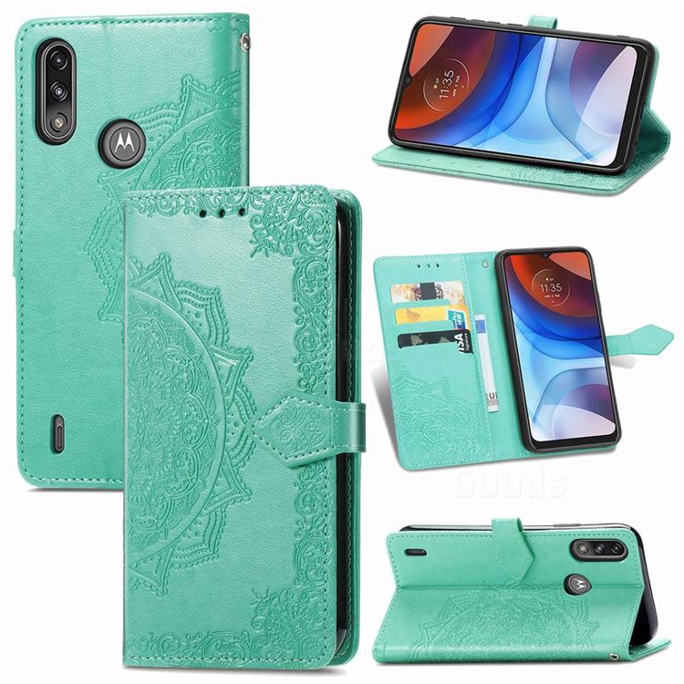Embossing Imprint Mandala Flower Leather Wallet Case for Motorola Moto E7 Power - Green