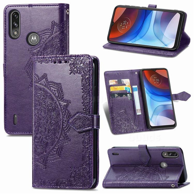 Embossing Imprint Mandala Flower Leather Wallet Case for Motorola Moto E7 Power - Purple