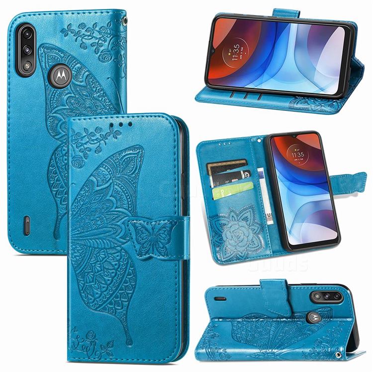 Embossing Mandala Flower Butterfly Leather Wallet Case for Motorola Moto E7 Power - Blue