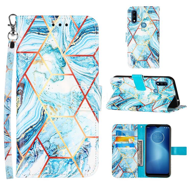 Lake Blue Stitching Color Marble Leather Wallet Case for Motorola Moto E7 Power