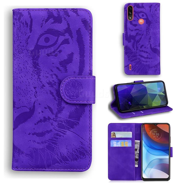 Intricate Embossing Tiger Face Leather Wallet Case for Motorola Moto E7 Power - Purple