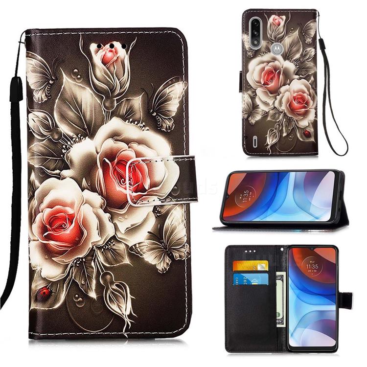 Black Rose Matte Leather Wallet Phone Case for Motorola Moto E7 Power