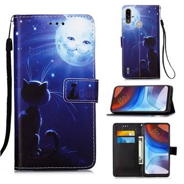 Cat and Moon Matte Leather Wallet Phone Case for Motorola Moto E7 Power
