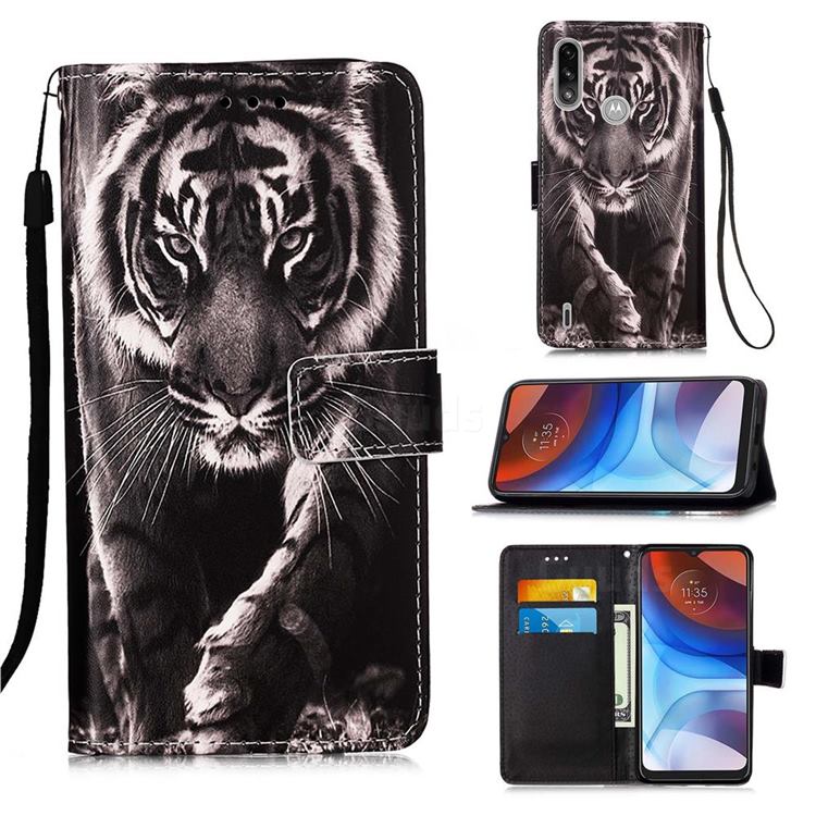 Black and White Tiger Matte Leather Wallet Phone Case for Motorola Moto E7 Power