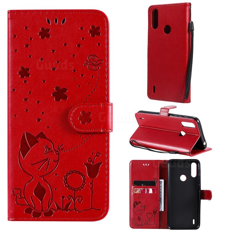 Embossing Bee and Cat Leather Wallet Case for Motorola Moto E7 Power - Red