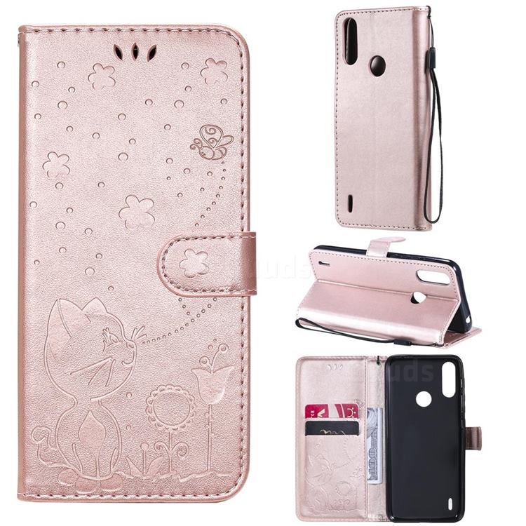 Embossing Bee and Cat Leather Wallet Case for Motorola Moto E7 Power - Rose Gold