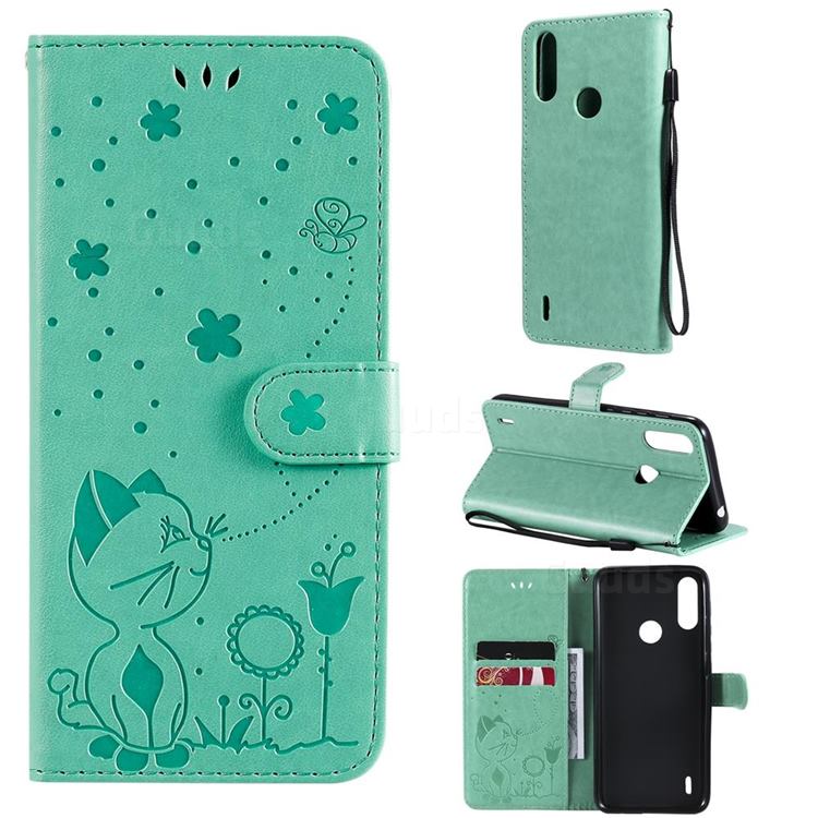 Embossing Bee and Cat Leather Wallet Case for Motorola Moto E7 Power - Green