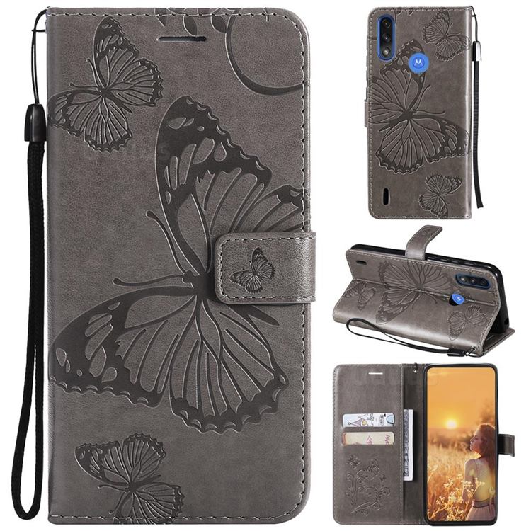 Embossing 3D Butterfly Leather Wallet Case for Motorola Moto E7 Power - Gray