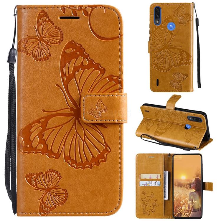Embossing 3D Butterfly Leather Wallet Case for Motorola Moto E7 Power - Yellow