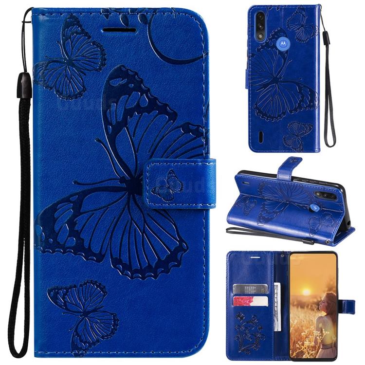 Embossing 3D Butterfly Leather Wallet Case for Motorola Moto E7 Power - Blue