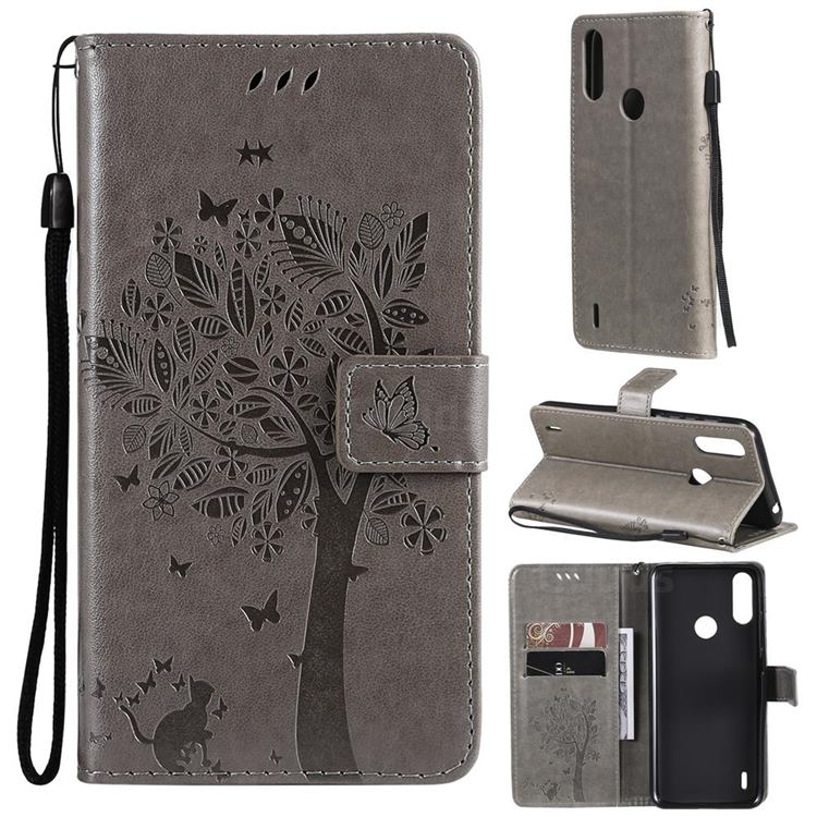 Embossing Butterfly Tree Leather Wallet Case for Motorola Moto E7 Power - Grey
