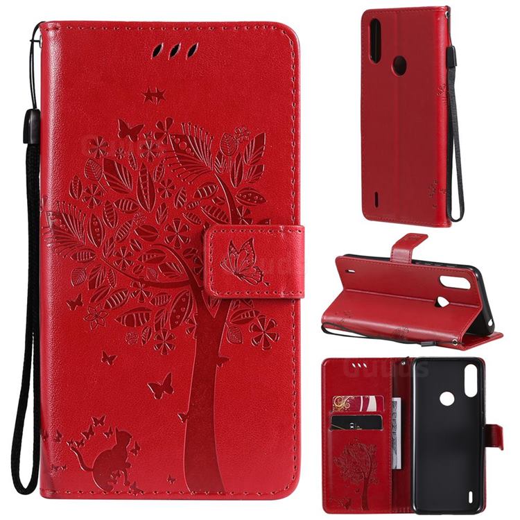 Embossing Butterfly Tree Leather Wallet Case for Motorola Moto E7 Power - Red