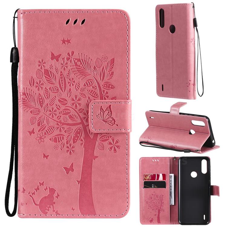 Embossing Butterfly Tree Leather Wallet Case for Motorola Moto E7 Power - Pink