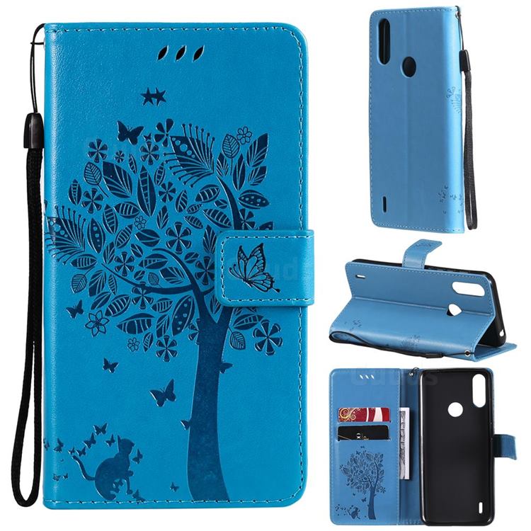 Embossing Butterfly Tree Leather Wallet Case for Motorola Moto E7 Power - Blue