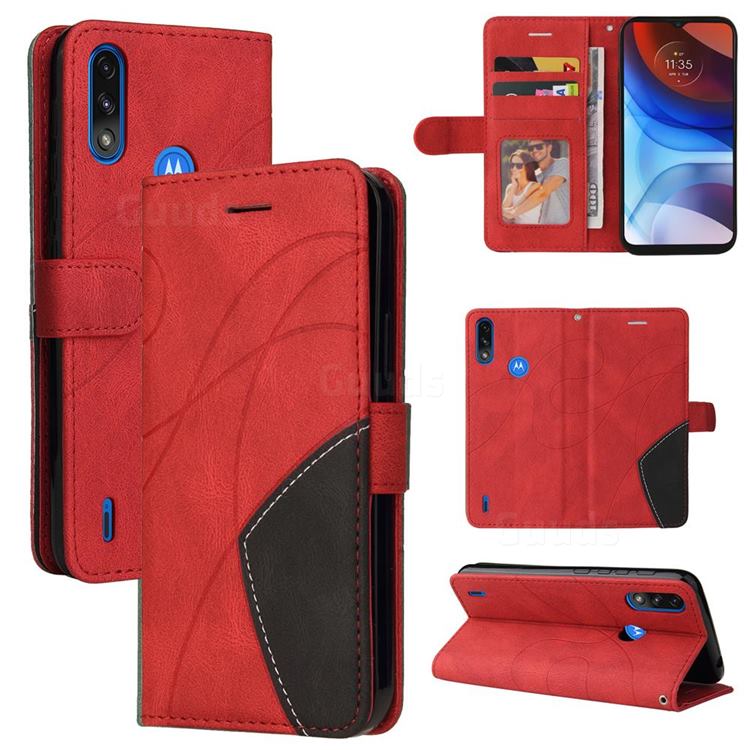Luxury Two-color Stitching Leather Wallet Case Cover for Motorola Moto E7 Power - Red