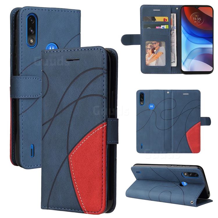 Luxury Two-color Stitching Leather Wallet Case Cover for Motorola Moto E7 Power - Blue