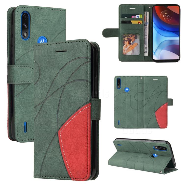 Luxury Two-color Stitching Leather Wallet Case Cover for Motorola Moto E7 Power - Green