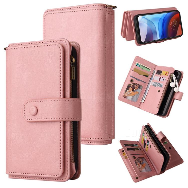 Luxury Multi-functional Zipper Wallet Leather Phone Case Cover for Motorola Moto E7 Power - Pink