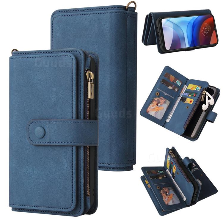 Luxury Multi-functional Zipper Wallet Leather Phone Case Cover for Motorola Moto E7 Power - Blue