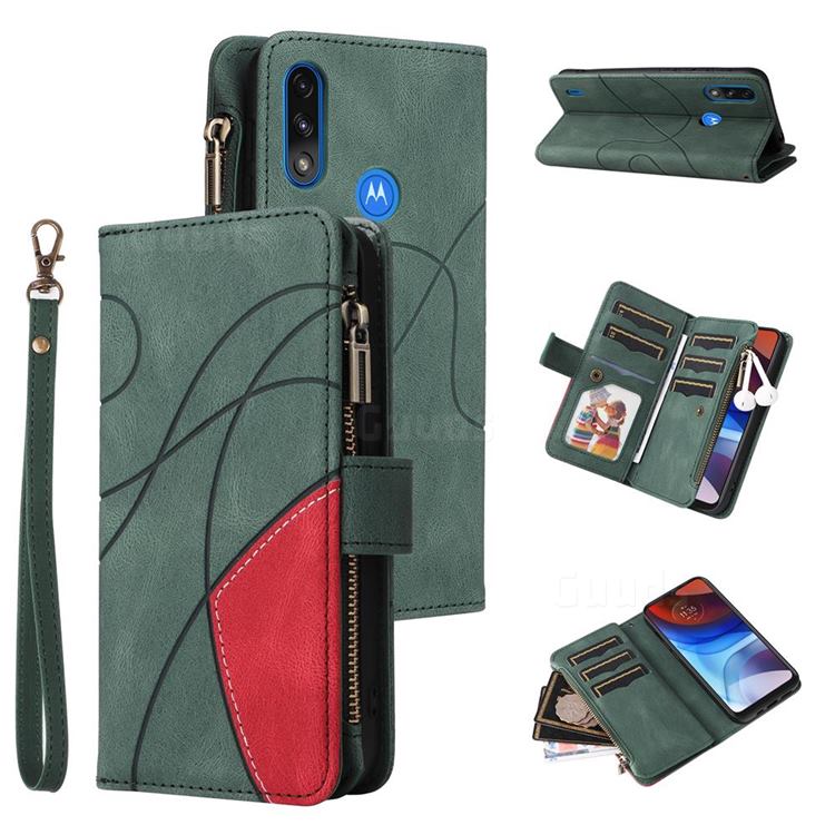Luxury Two-color Stitching Multi-function Zipper Leather Wallet Case Cover for Motorola Moto E7 Power - Green